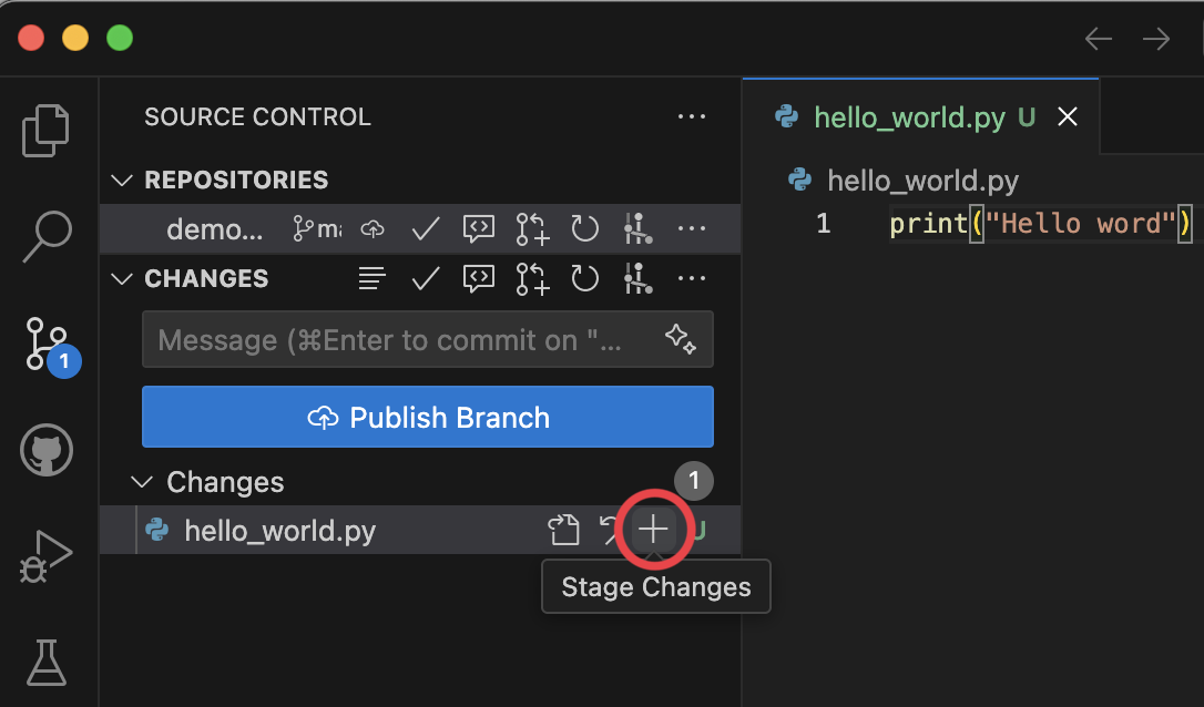 Add file to staging area in VSCode