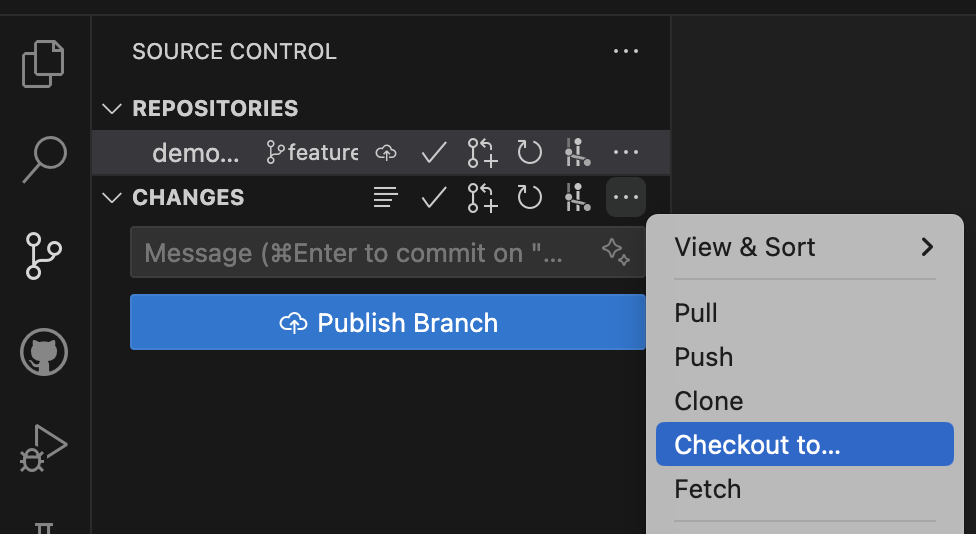 Checkout menu in VSCode