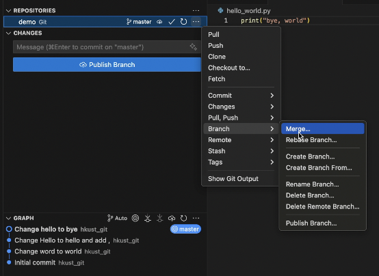 Merge menu in VSCode