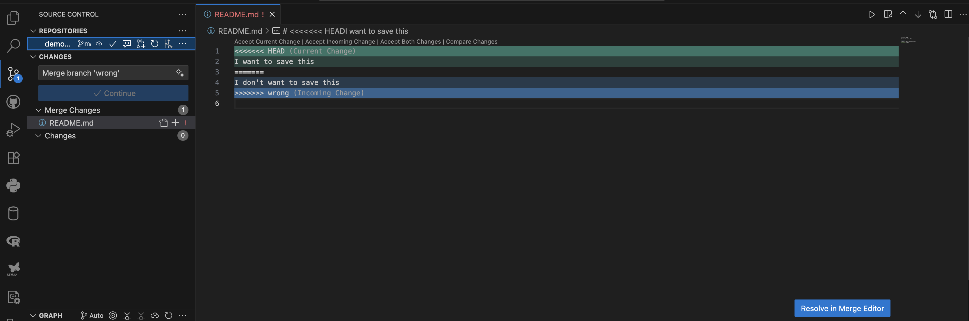 Merge conflict notification in VS Code