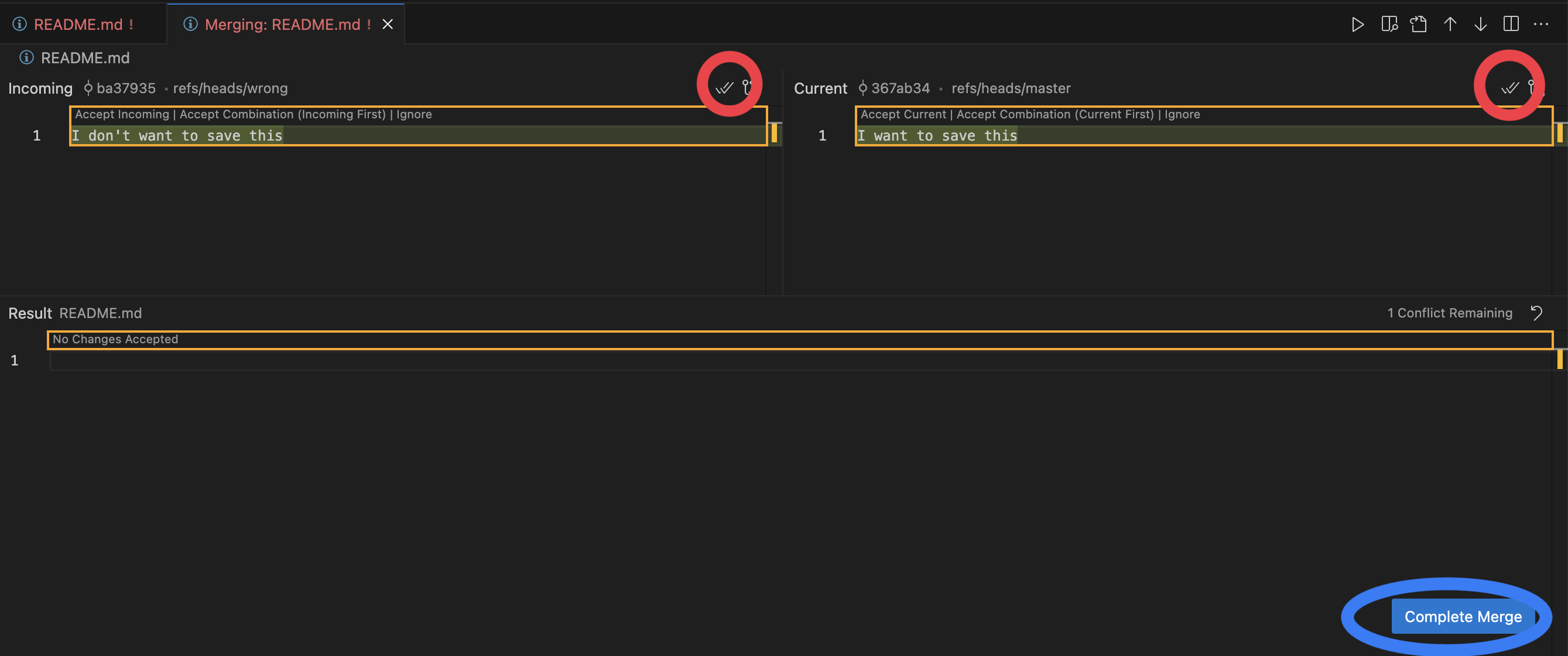 Resolve conflict in Merge Editor