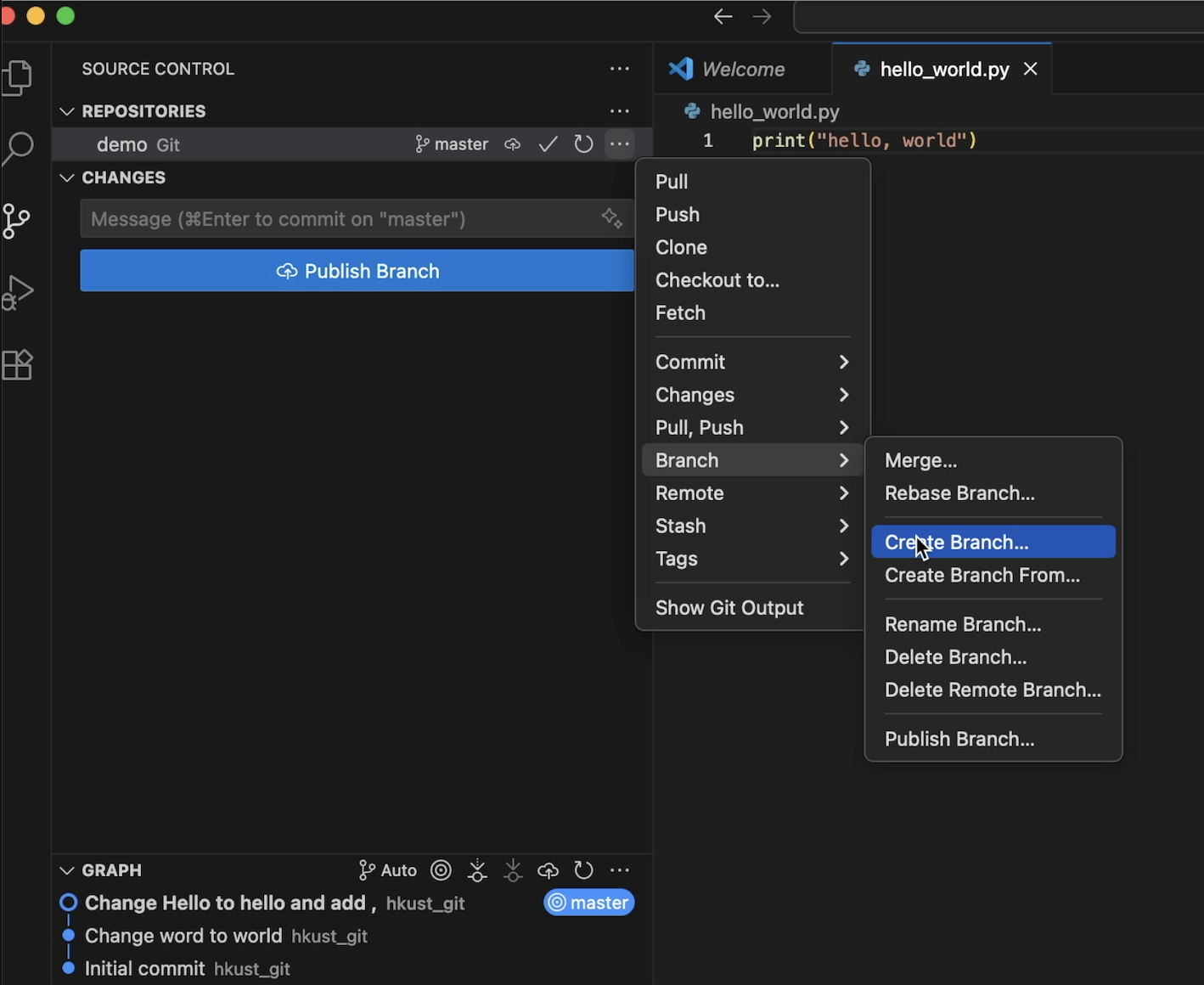 Create new branch in VSCode