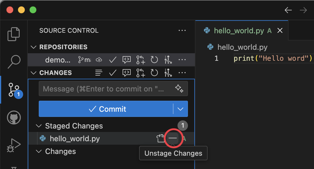 Remove file from staging area in VSCode